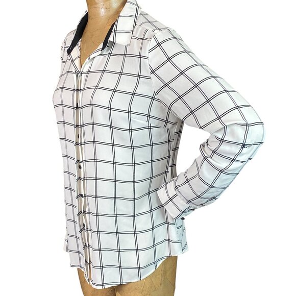WHBM Long Sleeve White with Black Windowpane Shirt Size 12 #268J - Picture 7 of 9